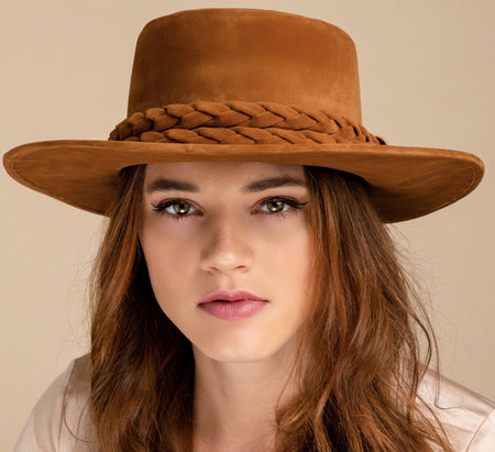 Girl wearing a cordobes vegan velour fabric hat