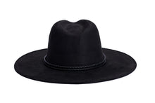 Load image into Gallery viewer, A black wide-brim fedora hat with a braided black band around the crown, shown from the back against a plain white background.
