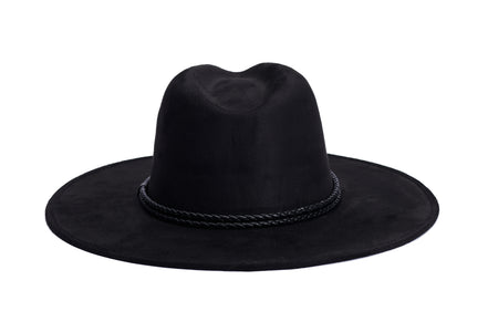 A black wide-brim fedora hat with a braided black band around the crown, shown from the back against a plain white background.
