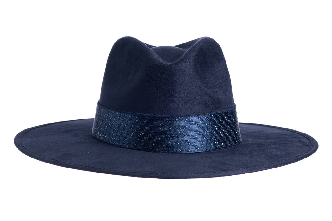 Deep blue suede hat made of polyester with a stiffened crown and shaped into a clean and ridged design which comes with an elastic silk trim, front view