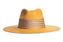 Load image into Gallery viewer, Suede hat mustard color stiffened and shaped into a clean and ridged design, finished with a thick gold elastic trim, front view

