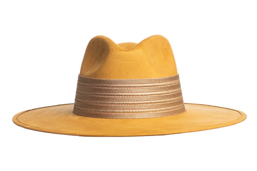 Suede hat mustard color stiffened and shaped into a clean and ridged design, finished with a thick gold elastic trim, front view