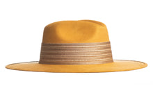 Load image into Gallery viewer, Suede hat mustard color stiffened and shaped into a clean and ridged design, finished with a thick gold elastic trim, right side view
