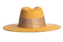 Load image into Gallery viewer, Suede hat mustard color stiffened and shaped into a clean and ridged design, finished with a thick gold elastic trim, back view

