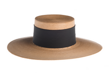 Load image into Gallery viewer, Straw hat tan color made of palm leaves and secured with a wide cotton trim and crisscross design, front view
