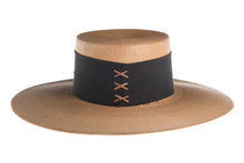 Load image into Gallery viewer, Straw hat tan color made of palm leaves and secured with a wide cotton trim and crisscross design, back view

