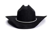 Load image into Gallery viewer, A black cowboy hat with a textured, suede-like finish and a sparkling silver band around the crown, shown on a plain white background.
