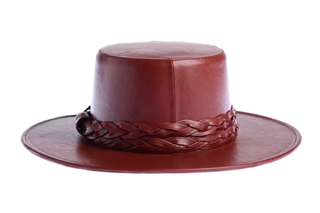 Cordobes hat in cherry color crafted with an innovative metallic vegan leather made from nopal, finished with double braided trim, back view
