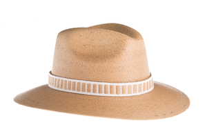 Straw hat made of interlace palm leaves with a rustic cotton and jute trim, right side view