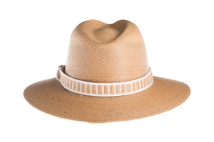 Straw hat made of interlace palm leaves with a rustic cotton and jute trim, back view