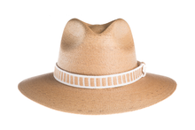 Load image into Gallery viewer, Straw hat made of interlace palm leaves with a rustic cotton and jute trim, front view
