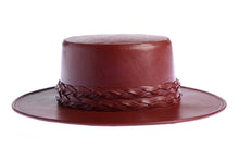 Load image into Gallery viewer, Cordobes hat in cherry color crafted with an innovative metallic vegan leather made from nopal, finished with double braided trim, right side view
