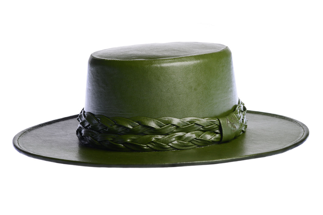 Cordobes hat in green color crafted with an innovative metallic vegan leather made from nopal, finished with double braided trim, left side view
