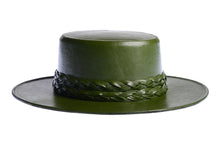 Load image into Gallery viewer, Cordobes hat in green color crafted with an innovative metallic vegan leather made from nopal, finished with double braided trim, right side view
