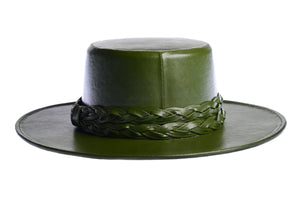 Cordobes hat in green color crafted with an innovative metallic vegan leather made from nopal, finished with double braided trim, back view