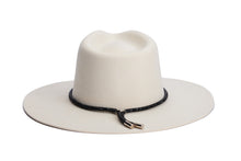 Load image into Gallery viewer, A cream-colored white wool hat with rhinestone black trim around the crown, shown from a side profile on a solid white background. Back
