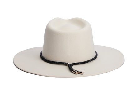 A cream-colored white wool hat with rhinestone black trim around the crown, shown from a side profile on a solid white background. Back