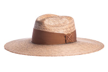 Load image into Gallery viewer, Straw hat braided with palm leaves in natural color and completed with a brown rustic cotton braided trim, left side view
