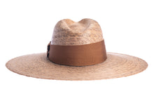Load image into Gallery viewer, Straw hat braided with palm leaves in natural color and completed with a brown rustic cotton braided trim, front view
