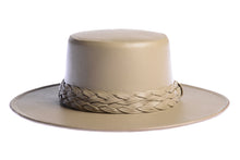 Load image into Gallery viewer, Cordobes hat in tan color crafted with an innovative metallic vegan leather made from nopal, finished with double braided trim, front view
