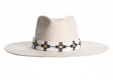 Load image into Gallery viewer, Wool hat in white with an elegant structured crown, finished with a fine hand embroidered beaded trim, front view
