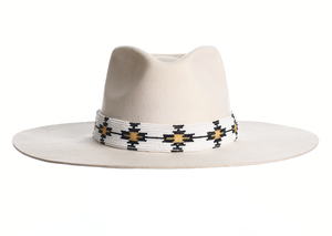 Wool hat in white with an elegant structured crown, finished with a fine hand embroidered beaded trim, front view