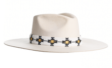 Load image into Gallery viewer, Wool hat in white with an elegant structured crown, finished with a fine hand embroidered beaded trim, right side view
