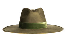 Load image into Gallery viewer, Suede hat with a stiffened crown and shaped into a clean and ridged design which is finished with a velvet trim, front view
