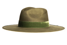 Load image into Gallery viewer, Suede hat with a stiffened crown and shaped into a clean and ridged design which is finished with a velvet trim, left side view
