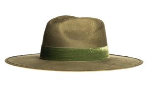 Suede hat with a stiffened crown and shaped into a clean and ridged design which is finished with a velvet trim, left side view