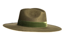 Load image into Gallery viewer, Suede hat with a stiffened crown and shaped into a clean and ridged design which is finished with a velvet trim, right side view
