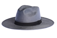 Load image into Gallery viewer, Rancher suede hat with an stiffened crown and shaped into a clean and ridged design and finished with a double bound synthetic suede tan trim, left side view
