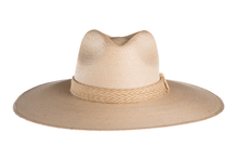 Load image into Gallery viewer, Straw hat in natural color made with palm leaves and completed with a rustic cotton braided trim, front view
