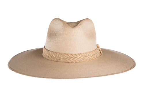 Straw hat in natural color made with palm leaves and completed with a rustic cotton braided trim, front view