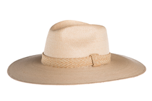 Load image into Gallery viewer, Straw hat in natural color made with palm leaves and completed with a rustic cotton braided trim, left side view
