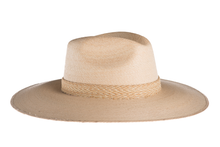 Load image into Gallery viewer, Straw hat in natural color made with palm leaves and completed with a rustic cotton braided trim, right side view
