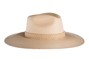 Straw hat in natural color made with palm leaves and completed with a rustic cotton braided trim, right side view