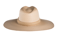 Load image into Gallery viewer, Straw hat in natural color made with palm leaves and completed with a rustic cotton braided trim, back view
