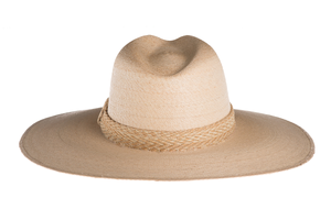 Straw hat in natural color made with palm leaves and completed with a rustic cotton braided trim, back view