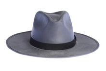 Load image into Gallery viewer, Rancher suede hat with an stiffened crown and shaped into a clean and ridged design and finished with a double bound synthetic suede tan trim, front view
