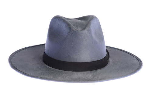 Rancher suede hat with an stiffened crown and shaped into a clean and ridged design and finished with a double bound synthetic suede tan trim, front view
