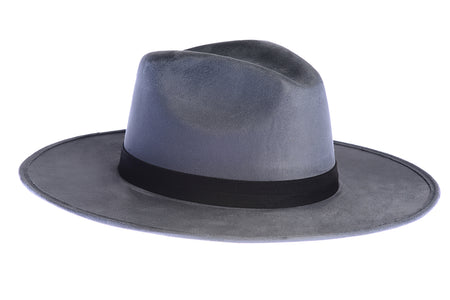 Rancher suede hat with an stiffened crown and shaped into a clean and ridged design and finished with a double bound synthetic suede tan trim, right side view