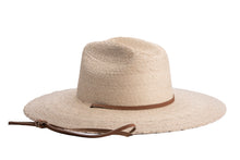 Load image into Gallery viewer, A natural straw cowboy hat with a brown leather band and matching chin strap, shown on a plain white background. Right side
