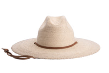 Load image into Gallery viewer, A natural straw cowboy hat with a brown leather band and matching chin strap, shown on a plain white background. Surfer Boi Front
