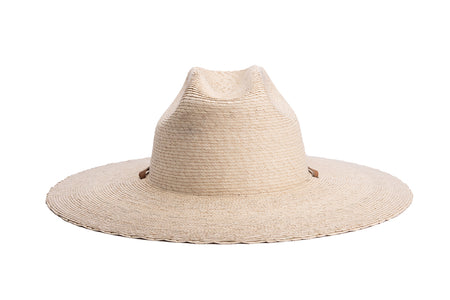 A natural straw cowboy hat with a brown leather band and matching chin strap, shown on a plain white background. Back side
