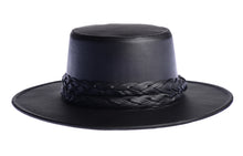 Load image into Gallery viewer, Cordobes hat in black color crafted with an innovative metallic vegan leather made from nopal, finished with double braided trim, front view
