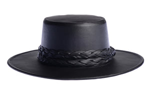 Cordobes hat in black color crafted with an innovative metallic vegan leather made from nopal, finished with double braided trim, front view