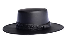 Load image into Gallery viewer, Cordobes hat in black color crafted with an innovative metallic vegan leather made from nopal, finished with double braided trim, left side view
