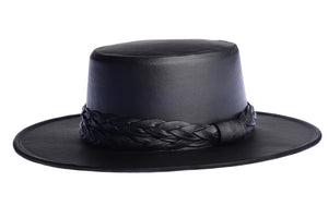 Cordobes hat in black color crafted with an innovative metallic vegan leather made from nopal, finished with double braided trim, left side view