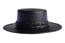 Load image into Gallery viewer, Cordobes hat in black color crafted with an innovative metallic vegan leather made from nopal, finished with double braided trim, right side view
